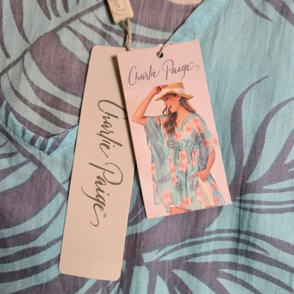 Charlie Paige NWT Womens Swim Cover Up One Size Blue Tropical Vacation Resort - Picture 5 of 9